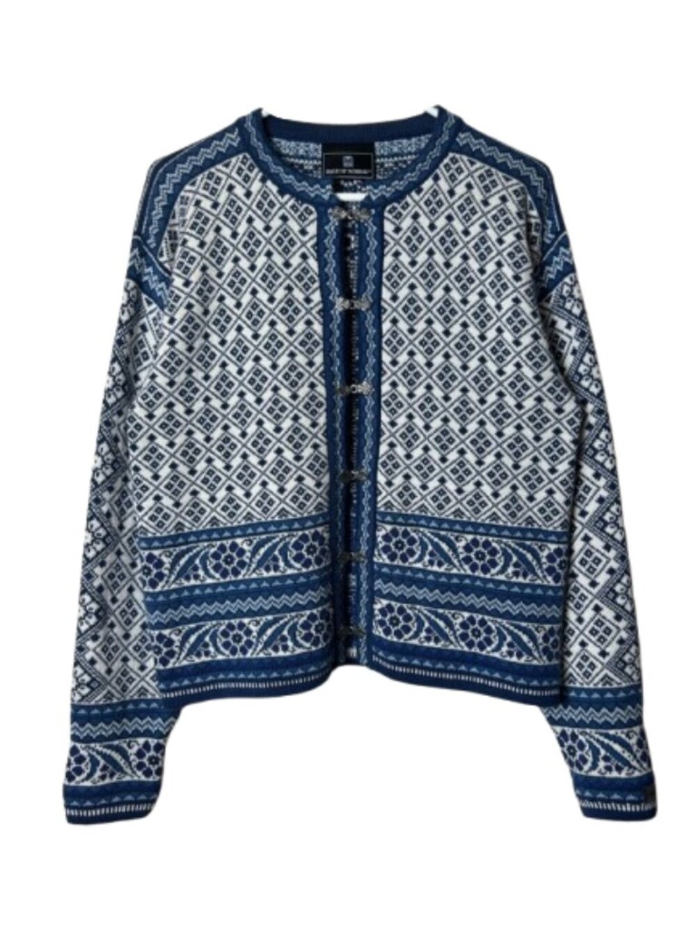 Dale of Norway white blue fair isle cotton metal clasp cardigan womens M